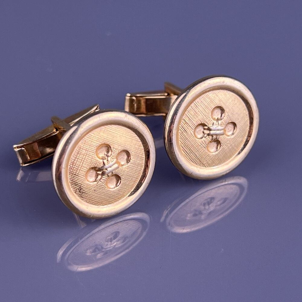 Four Hole Button Cufflinks Gold Tone Round Textured Florentine Finish Vintage